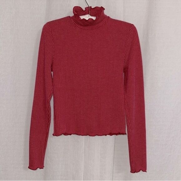Moa Moa S Cranberry Red Ribbed Mock neck Long Sleeve Top - Picture 1 of 9